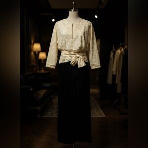 Vintage 80s A.J. Bari Elegant Two-Tone Long Sleeve Evening maxi Dress with Bow